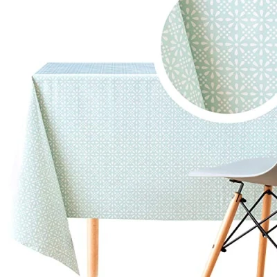 Afbeelding van PVC tafelkleed, kleine bloem, mint, eendenei, blauw, met retro wit bloemenpatroon, gemakkelijk te reinigen, glad, rechthoekig, 250 x 140 cm, afwasbaar, waterdicht, pvc, tafelzeil, kunststof tafelkleed