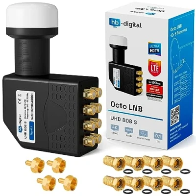 Afbeelding van hb digital Octo LNB (SEHR GUT test*) LNC kop voor 8 deelnemers direct LTE Protected satellieten Sat Full HD TV 3D 4K UHD verguld weerbestendig zwart + F stekkers en 4 x eindweerstand