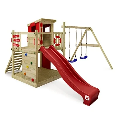 Afbeelding van WICKEY speeltoestel klimtoestel Smart Camp met schommel &amp; rode glijbaan, outdoor klimtoren voor kinderen zandbak, ladder speelaccessoires de tuin