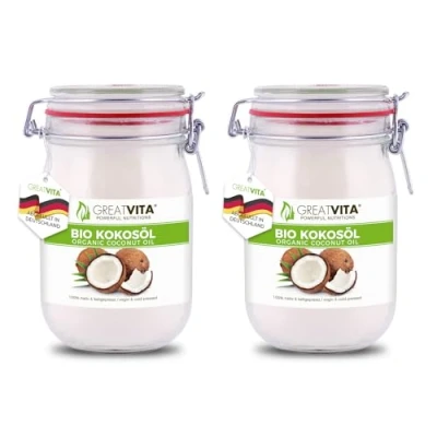Afbeelding van GreatVita Biologische kokosolie 2 x 1000 ml in strijkglas voor koken en bakken