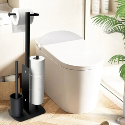 Afbeelding van toiletpapierhouder van roestvrij staal, met toiletborstel, en toiletborstel