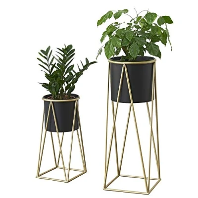 Afbeelding van Bloempot op standaard set van 2 zwart en messing