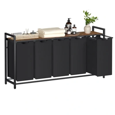 Afbeelding van VASAGLE wasmand met 5 vakken, plank, wasmand, waszak van Oxford stof, afneembaar, metalen frame, x 40 l, 143,5 33 72 cm, inktzwart vintage bruin
