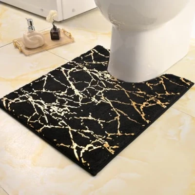 Afbeelding van QJHOMO Badmat, antislip, wasbaar, met zwarte uitsparing, gouden decoratie, luxe badkameraccessoire, van zachte en absorberende microvezel, 50 x 60 cm