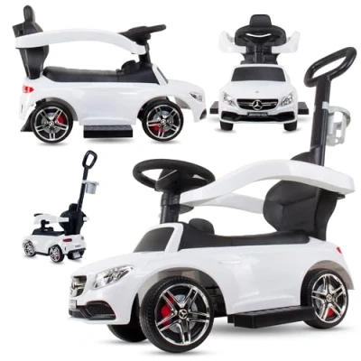 Afbeelding van Mercedes AMG C63 Coupe S Kinderdrager 1 jaar met schuifstang, interactief claxon en motorgeluiden, push car (wit)