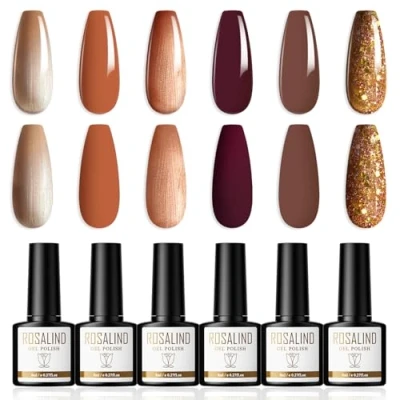 Afbeelding van ROSALIND semi permanente nagellak, 6 kleuren, uv gel, permanent, glitter, geel, bruin, soak off, UV/LED, nail art, herfst/winter, 8 ml