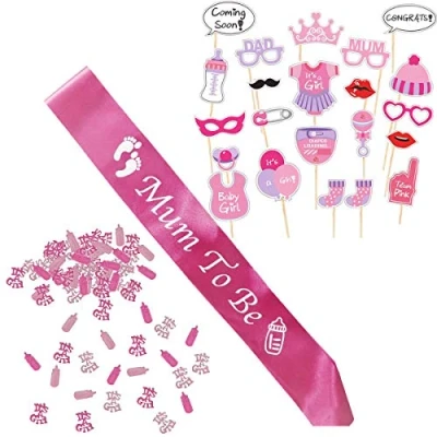 Afbeelding van Babyfeest Meisje voor Babydouche Decoratie Kleine Meid, Babyshower Babyborrel Roze, Pasgeborenen Fotorekwisieten Maskers, Mamma Wordt Fuchsia Sjerp en Confetti