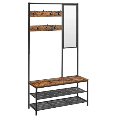Afbeelding van VASAGLE Halmeubel met haken, Spiegel, Bank en Schoenenrek, Kapstok, Garderobe, 35 x 98 180 cm, Hal, Slaapkamer, Woonkamer, Industriële Stijl, Rustiek Bruin Zwart HSR415B01