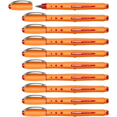 Afbeelding van STABILO worker+ Doos met 10 fijne rollerbalpen, rood