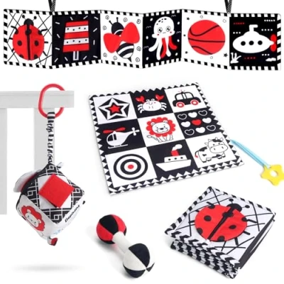 Afbeelding van PQETBV Babyspellen, babyboek, zwart wit sensorische babyboeken, Montessori baby ontwaken 0 12 maanden, geboorte meisjes jongens sensorisch speelgoed rammelaar