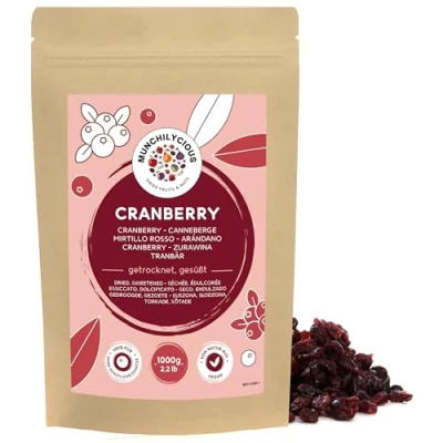 Afbeelding van gedroogde veenbessen 1kg door Munchilycious, snack met veenbessen, gezoet appelsap, perfecte garnering voor muesli, ontbijtgranen, pap of smoothie