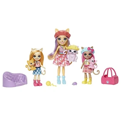 Afbeelding van Enchantimals Set De familie van Carmel kat met 3 poppen, kattenfiguren en accessoires, kinderspeelgoed, vanaf 4 jaar, HHC11