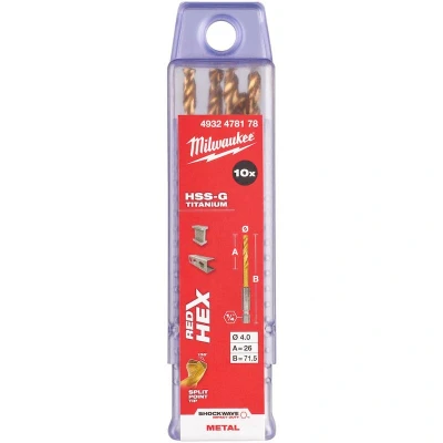 Afbeelding van MILWAUKEE 4932478178 SHOCKWAVE HSS G TiN Red Hex 4mm metaalboormm (10 st.)