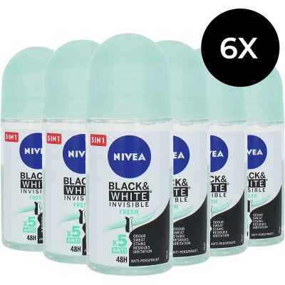 Afbeelding van Nivea Black &amp; White Invisible Fresh Deo Roller 6 x 50 ml