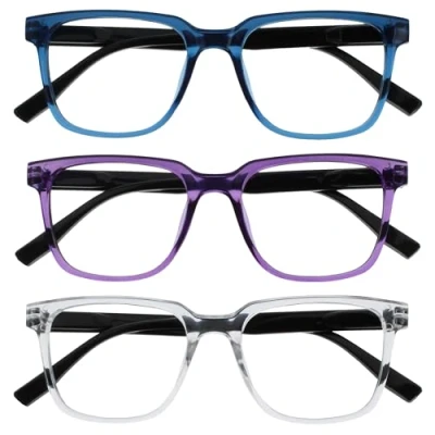 Image de OPULIZE LEO Lunettes de Lecture Lot 3 Grand Cadre Rectangulaire Bleu, Violet, Transparent Homme Femme Charnières à Ressort RRR55 35C +1.00
