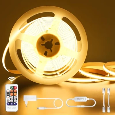 Afbeelding van COB ledstrip, 5 m, warmwit, 24 V, dimbaar, 3000 K, zelfklevende waterdicht, IP44, ledstrip met voeding en afstandsbediening, voor kasten, keuken, tv