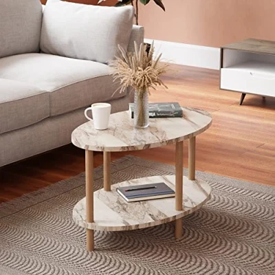 Afbeelding van Salontafel Højreby 43x70x44 cm ovaal marmer creme houtkleurig