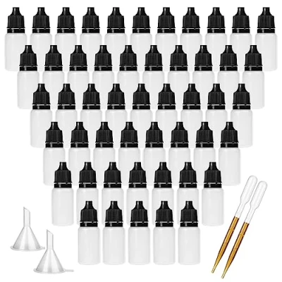 Afbeelding van DONQL 50 stuks oogdruppelflessen 10 ml druppelflesjes vloeistofflessen met 2 stickers en trechters reageerbuisjes