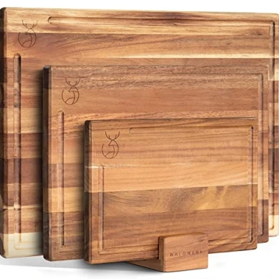 Afbeelding van WALDWERK snijplank set van 3 (40x30 / 33x24 26x18cm) gemaakt massief acaciahout snijplankenset met plankenstandaard 2 cm dikke houten planken sapgroef design