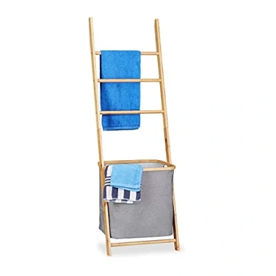 Afbeelding van Relaxdays handdoekhouder bamboe handdoekladder wasmand handdoekenrek hout waszak