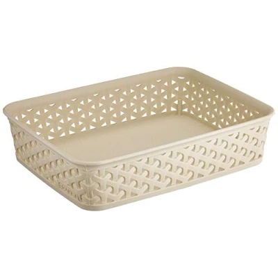 Afbeelding van CURVER Opbergmand A5, 25 x 20 6 (h) cm, met gevlochten rotan design, voor badkamer, slaapkamer, kantoor, ivoorkleurig