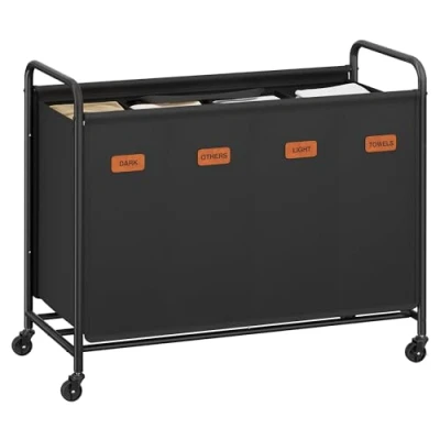 Afbeelding van SONGMICS wasmand met wielen, 4 vakken, 200L wassorteerder, verplaatsbare waswagen, 5 etiketten, voor wasruimte, slaapkamer, badkamer, inktzwart RLS460B01