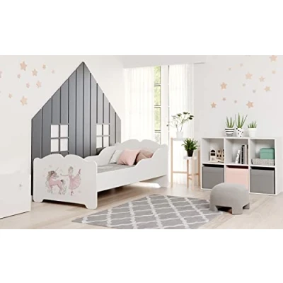 Afbeelding van KOBI Kinderbed Anna wit met roze eenhoorn en ballerina 140 x 70 cm meisjesbed voor kinderen matras frame babykamer eenpersoonsbed barrière