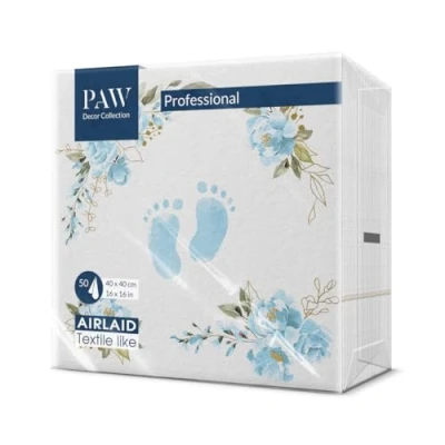 Afbeelding van PAW Serviette de Table Papier Airlaid (40 x 40 cm) I 50 Pièces Parfait pour la Communion, Confirmation, le Baptême Serviettes en Tissu Décoration Pieds Bébé Bleu Clair