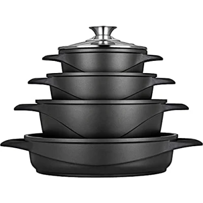 Image de Batterie de Cuisine Induction 8 pièces Aluminium Fonte 3 Casseroles Couvercles Smile MGK 17 Noir