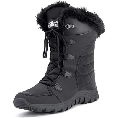 Afbeelding van Laarzen voor dames, gevoerd, met veters, waterdicht, zwart, buiten, sneeuw, regen, zwart.