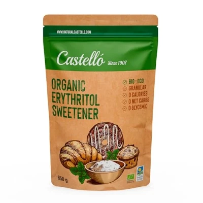 Image de Érythritol Édulcorant Bio Écologique 10g = 7g de sucre Substitut du 100% Naturel Keto et Paleo 0 Index Glycémique Calories Glucides Nets Sans OGM Castello since 1907 850 g