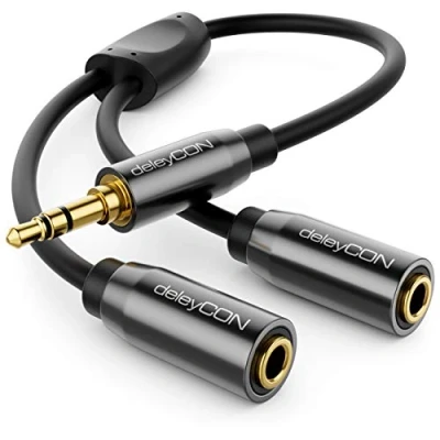 Afbeelding van deleyCON 0,2 m audiojack Y splitter kabel AUX jack 3,5 mm naar 2 x stereo adapterkabel zwart