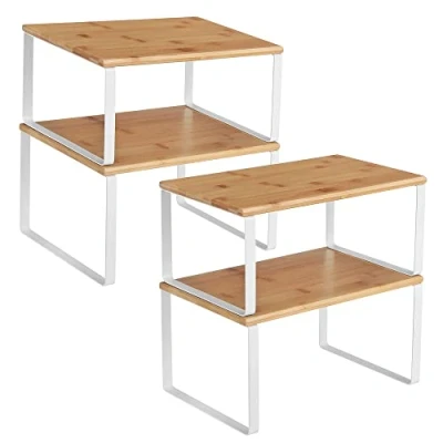 Afbeelding van SONGMICS kruidenrek, 4 stuks, kastorganizer, uittrekbaar keukenrek, stapelbaar, metaal, hout, wolkenwit en natuurlijk beige KCS010N01