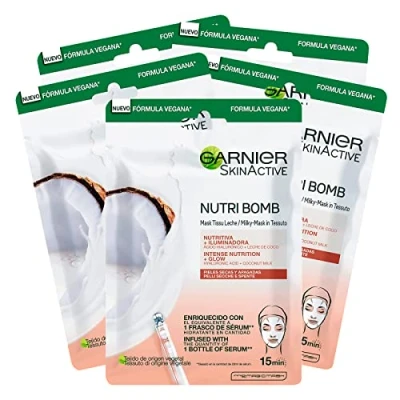 Afbeelding van Garnier Skinactive Nutri Bomb voedend en verlichtend stoffen masker met kokosmelk voor droge uitgestorven huid, 5 wegwerpmaskers