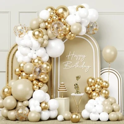 Afbeelding van Ballonnenboog verjaardag beige 100 stuks ballonboog wit en goud, ballonslinger goud voor verjaardag, decoratie, bruiloft, babyshower, verloving, bohemien feestdecoratie