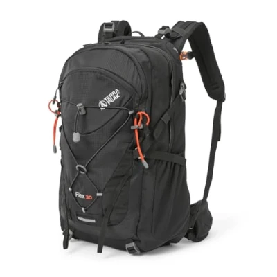 Afbeelding van Terra Peak 30L Flex 30 Premium wandelrugzak middelgroot met rugventilatie, regenhoes en houder voor drinksysteem, trekkingrugzak van, zwart.