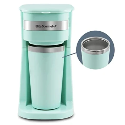 Afbeelding van Elite Gourmet EHC113M Personal Single Serve Compact Coffee Maker Brewer Inclusief roestvrijstalen thermische mok, compatibel met granen, herbruikbaar filter, munt, 35,5 ml