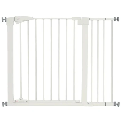 Afbeelding van PawHut Veiligheidshek voor honden, dieren, zonder boren, met automatische sluiting, dubbele vergrendeling, bediening één hand, breedte 76 103 cm, wit