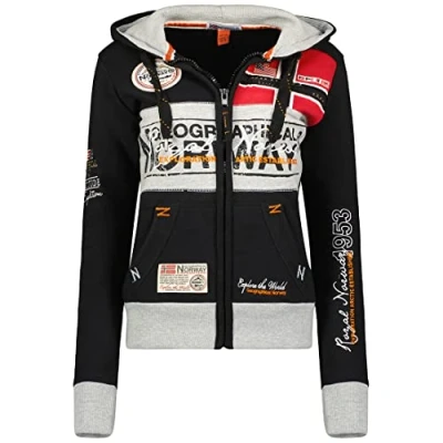 Afbeelding van Geographical Norway Flyer Lady Damessweatshirt met ritssluiting en zakken Sweatshirt lange mouwen warme capuchon Damestrui Trui voor dames, lente, zomer, herfst winter, zwart.