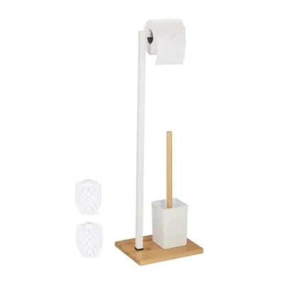 Afbeelding van toiletrolhouder staand wc borstel met houder reserve borstels rvs bamboe set