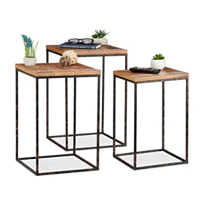 Afbeelding van Relaxdays bijzettafel set van 3 stuks mimiset mangohout tafelset zwart metaal
