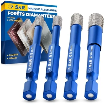 Afbeelding van S&amp;R Diamantboorset, Tegelboor set, Glasboorset 4 delig 5, 6, 8, 10 mm, Zeskantschacht, voor Keramiek, Graniet, Glas, Tegels, Porselein, Metselwerk, Marmer, in Stevige Opbergdoos