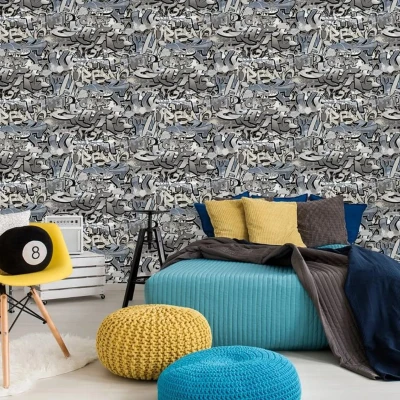 Afbeelding van Good Vibes Behang Graffiti grijs en blauw