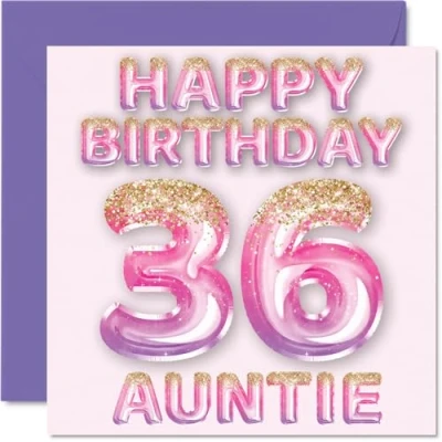 Afbeelding van 36 jaar verjaardagskaart voor tante, roze en paarse glitterballonnen, verjaardagskaarten jarige tante van neef nichtje, 145 mm x
