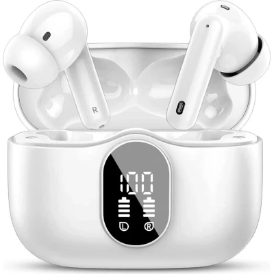 Afbeelding van SBG Draadloze Oordopjes Noise Cancelling Headset Bluetooth 5.3 Earbuds oplaadcase LED Display Met Microfoon Extra dopjes Wit