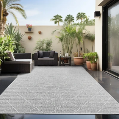 Afbeelding van Skanda Home Outdoor Binnen en Buiten Vloerkleed Geruit Design Grijs Tapijt voor Tuin Terras Balkon Polypropyleen 80x150 cm