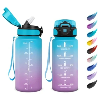Image de Gourde de sport pour enfants, 500 ml, facile à nettoyer, bouteille avec indication du temps, d&#039;eau enfants paille, salle sport, course, yoga, bureau