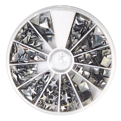Afbeelding van Rayher 38643606 Hotfix decoratieve klinknagels, opstrijkbare klinknagels 2,5 tot 10 mm, zelfklevende verschillende vormen in opbergdoos, 420 stuks, zilver