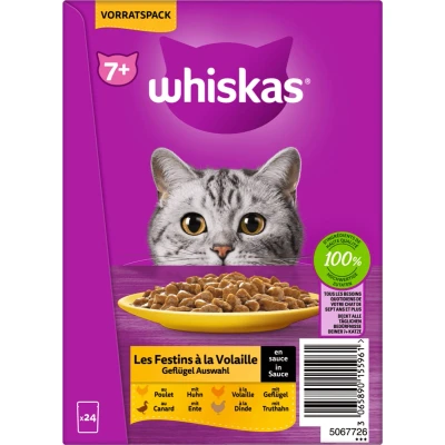 Afbeelding van 48 x 85 g Gevogelte in saus: Kip, Gevogelte, Eend, Kalkoen Senior Whiskas Kattenvoer