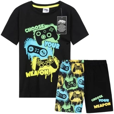 Afbeelding van CityComfort Pyjama voor kinderen, jongens, jongeren, pyjamaset, shorts, zomer, loungewear, set, zacht, nachtkleding, cadeau gamers, zwart/multi, 9 10 jaar